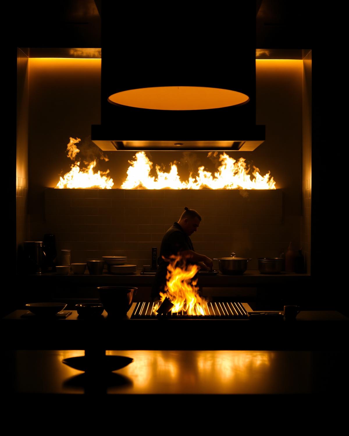 Cocina con parrilla a fuego abierto